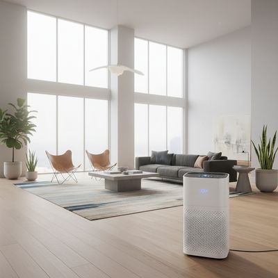 A high-capacity air purifier in a large, modern open-plan living space.